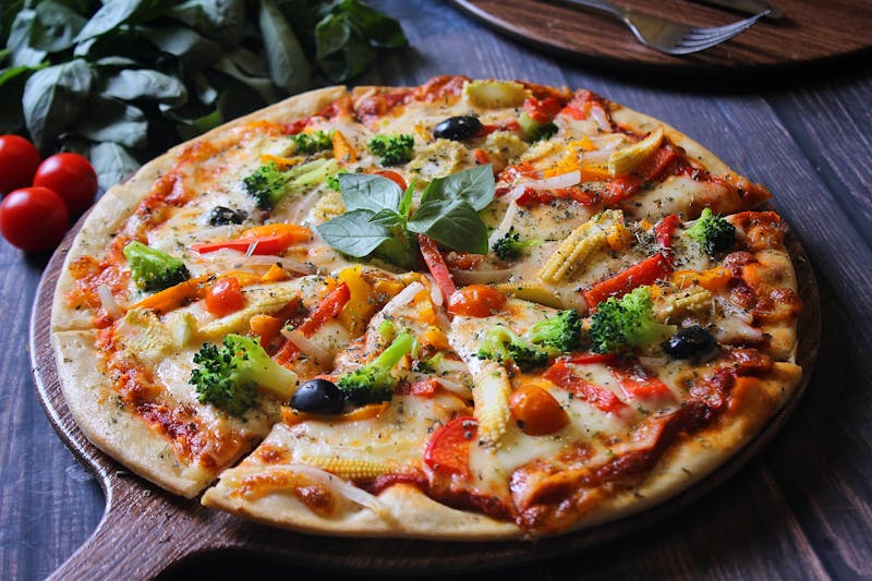 Garden veggie pizza with fresh vegetables and Provel cheese